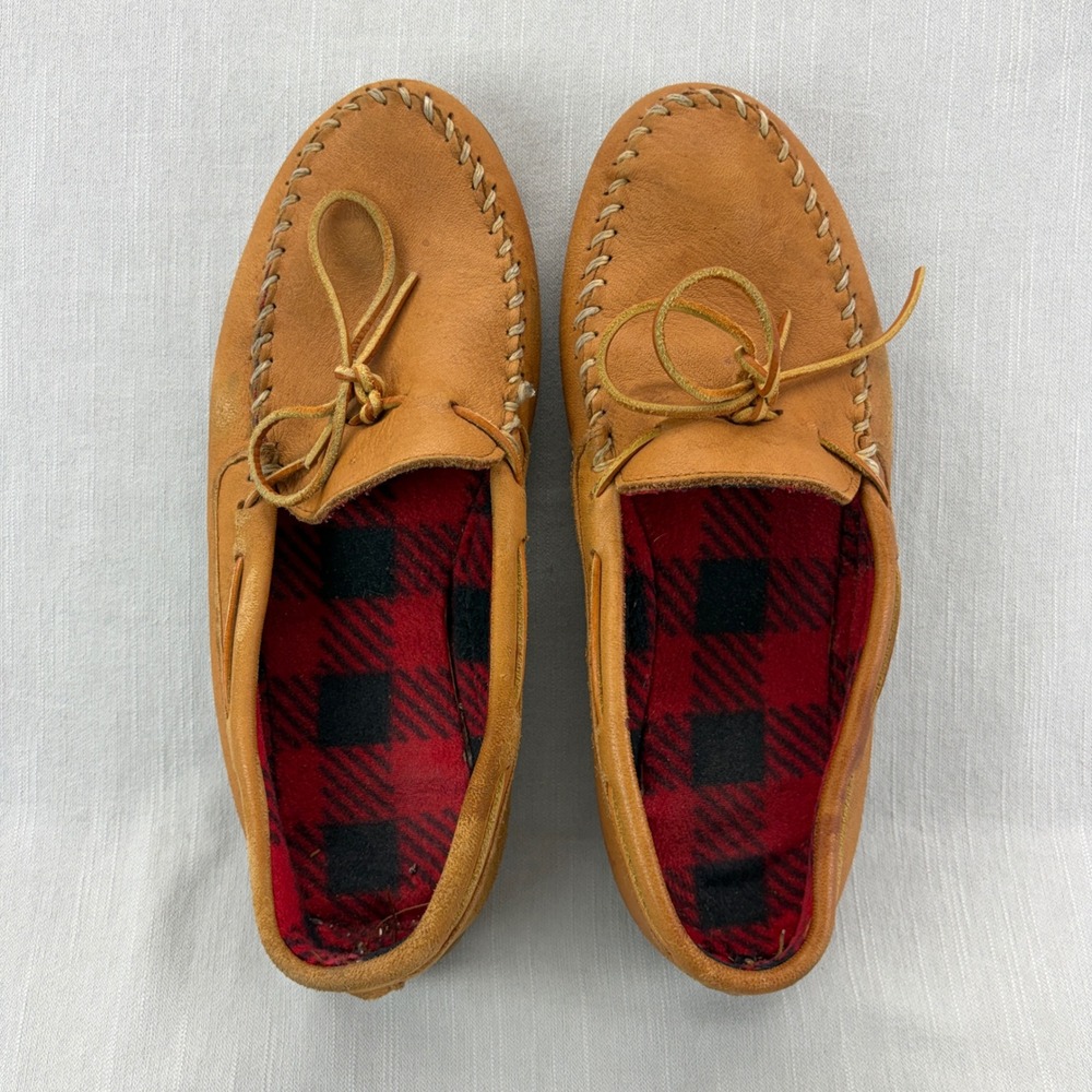 Minnetonka Moccasin Men 12 Leather Tan Buffalo Plaid Lined Rubber Sole Slippers